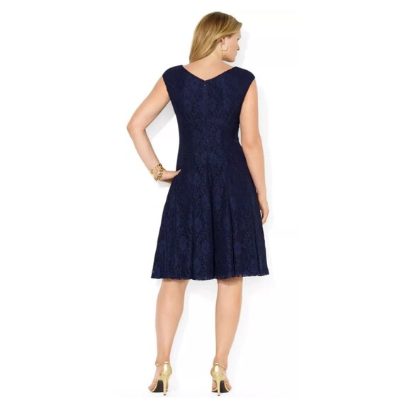 Lauren Ralph Lauren Navy Lace Evening Dress Midi Cap Short Sleeve Waist Size 18 - Picture 2 of 9